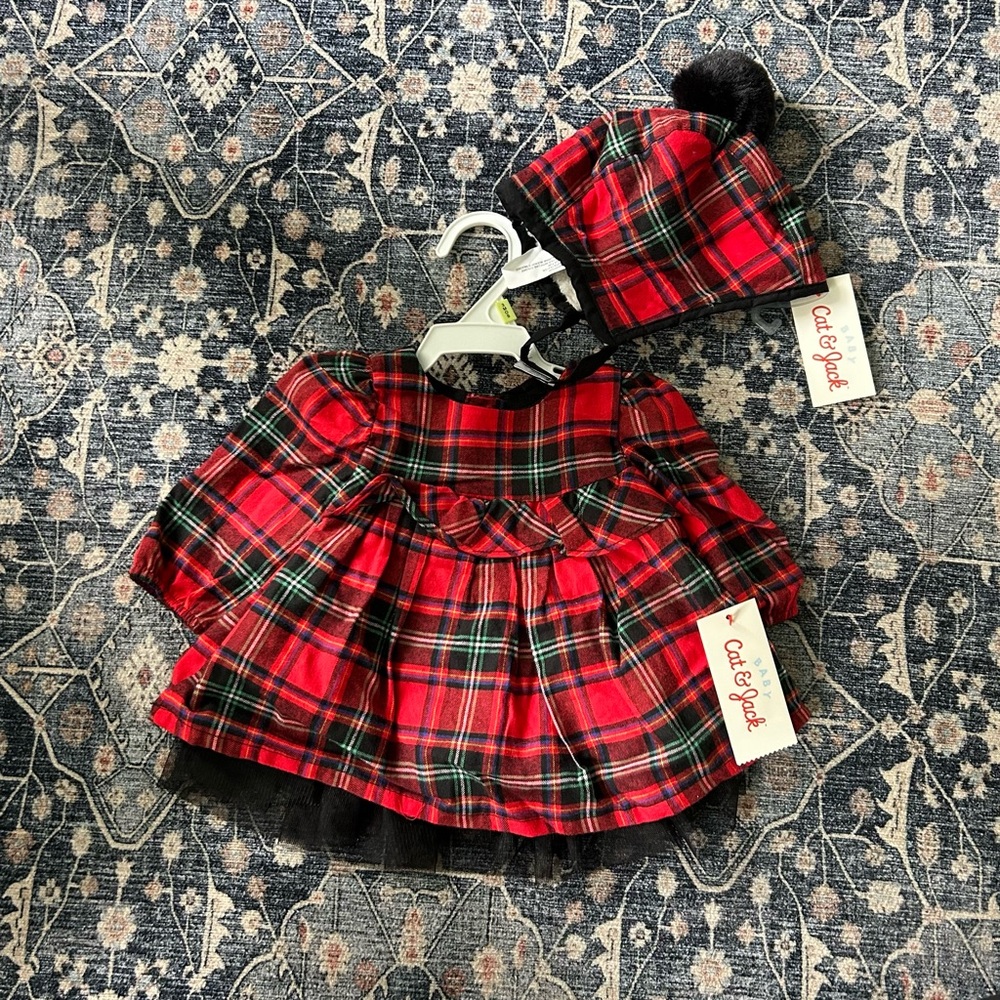 Cat & Jack Holiday Plaid Dress & Matching Bonnet
